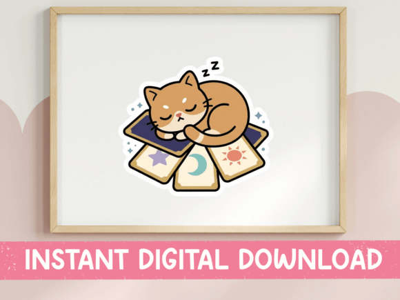 Cat Sleeping on Tarot Cards Sticker Graphics