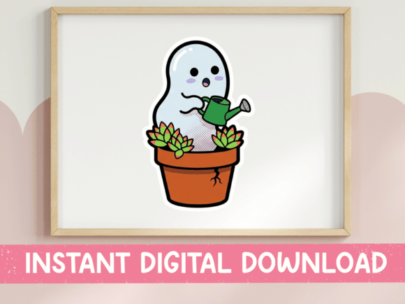 Ghost Watering Succulents Cute Sticker for T-Shirt Designs