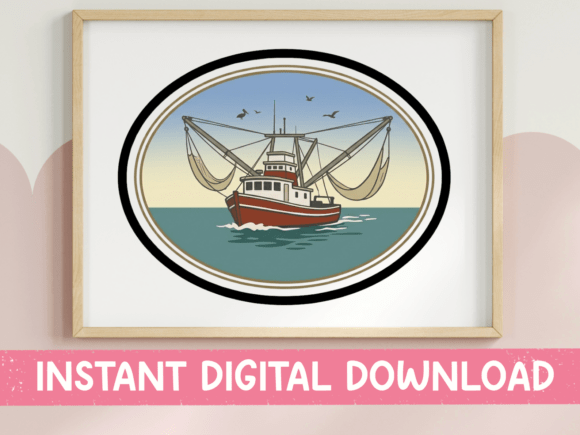 Shrimp Boat Oval Vintage Sticker: Graphics for T-Shirt Designs