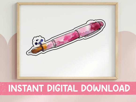 Watercolor Pink Fountain Pen Sticker Graphics