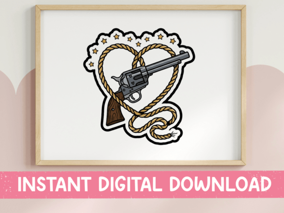 Western Rope Heart Revolver Sticker Graphics for T-Shirt Designs