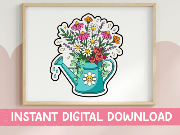 Wildflower Watering Can Sticker Graphics and T-Shirt Designs
